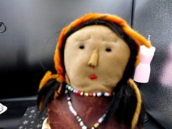 9.5" Aboriginal Native Vintage Doll, Leather Dress, Breastplate, Cloth Body, Stocking Face, Yarn Headband, Beads